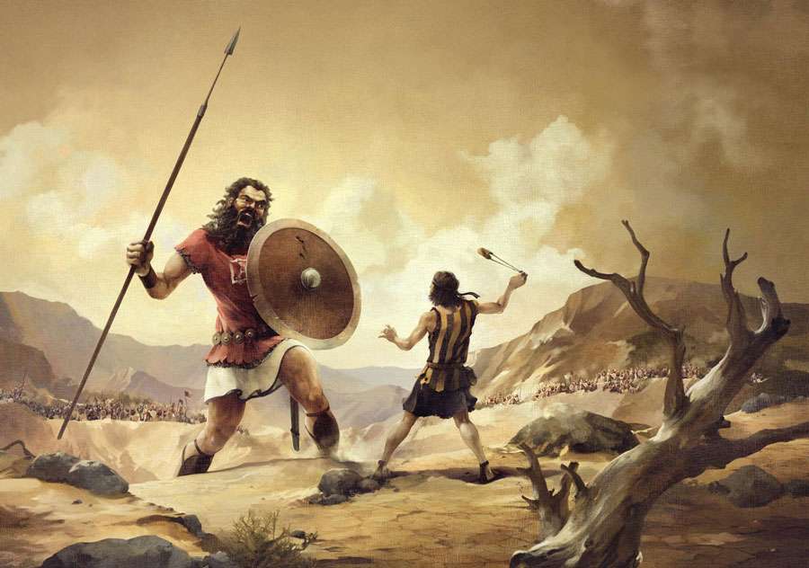 painting of epic battle between david and goliath david on right swings a sling with stone goliath with spear and shield and war cry