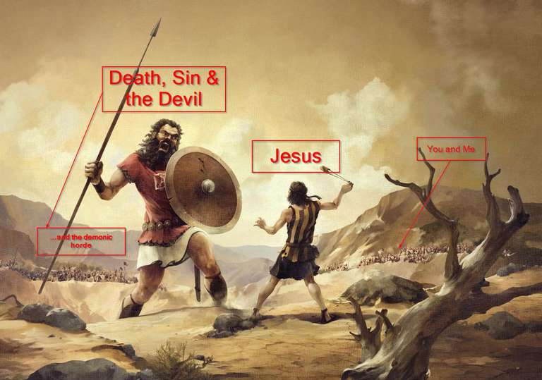 annotated painting of epic battle between david and goliath david on right swings a sling with stone goliath with spear and shield and war cry